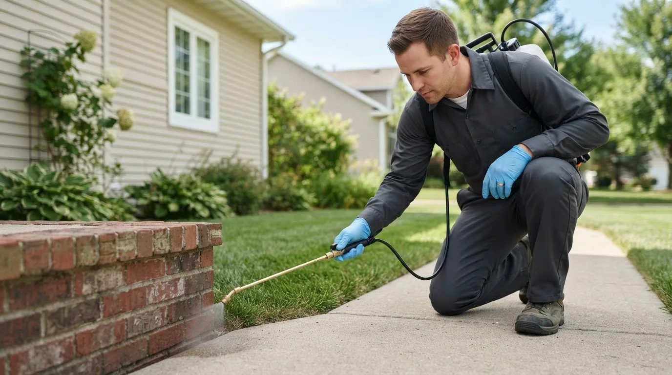 Pest control technician treating a home near Maynard, MA