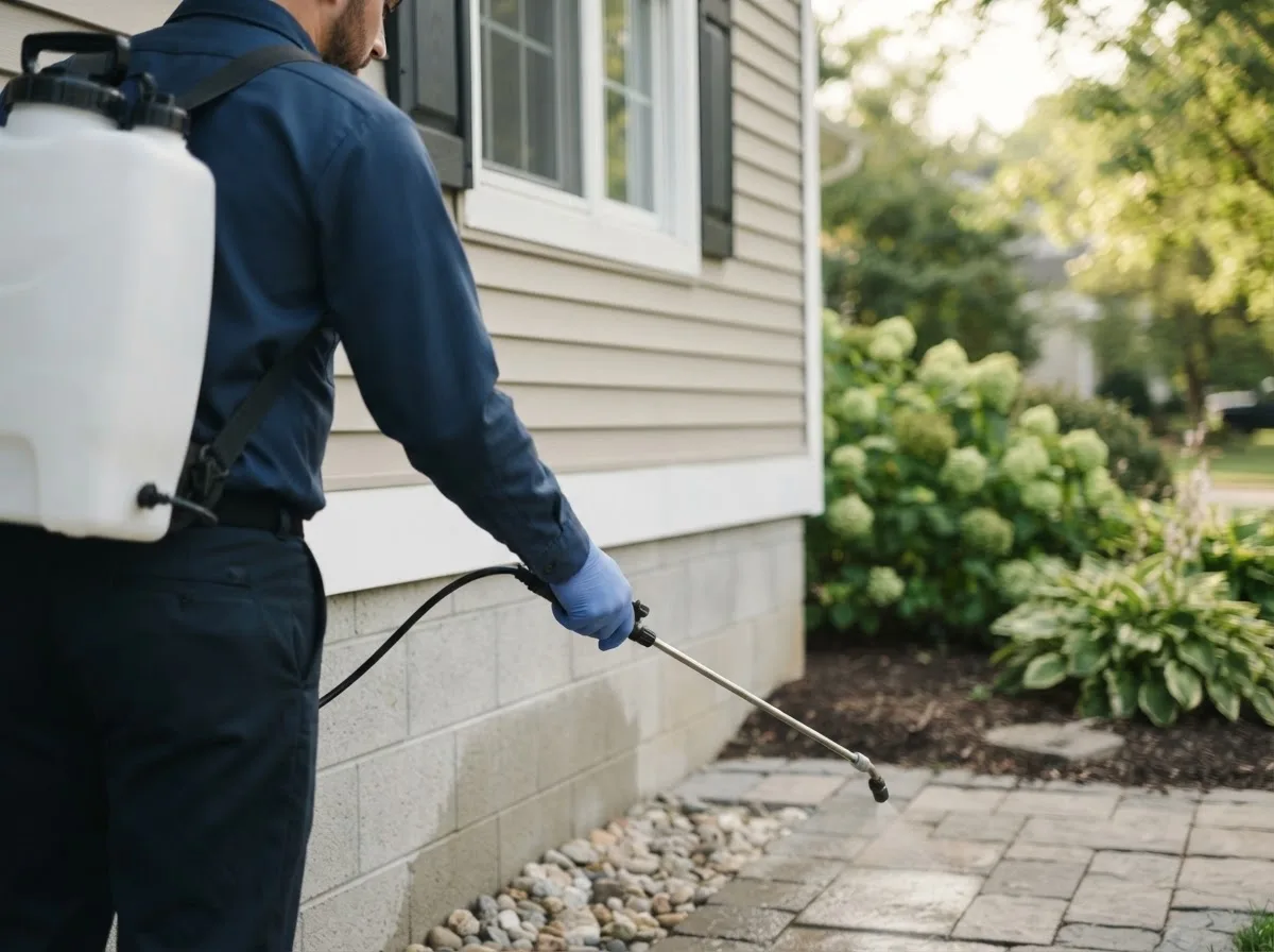 Pest control technician inspecting a home in Maynard, MA